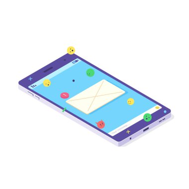 Isometric mobil sosyal medya sohbet uygulaması. Posta, emoji ve baloncuklu telefon uygulaması