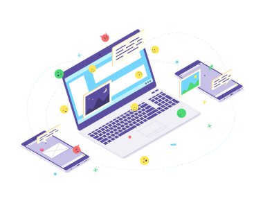 Isometric mobil sosyal medya sohbet uygulaması. İleti, emoji, balon ve dizüstü bilgisayarlı telefon uygulaması