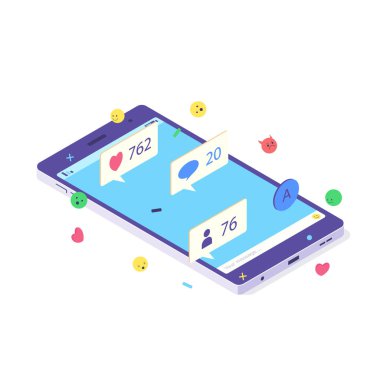 Isometric mobil sosyal medya sohbet uygulaması. İleti, emoji ve baloncuk içeren telefon uygulaması