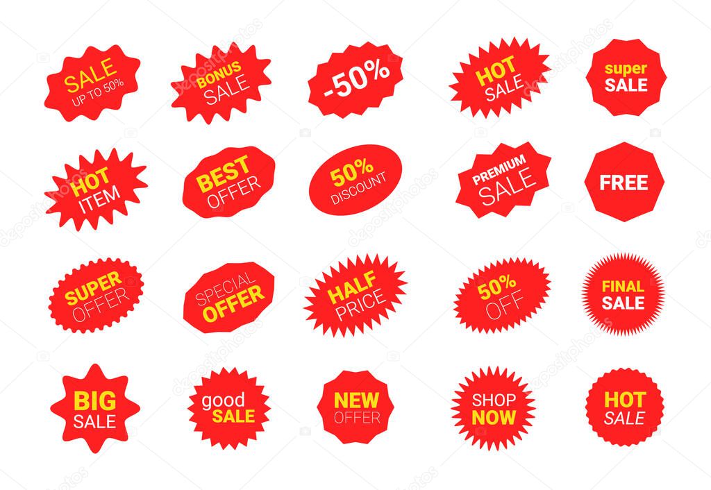 Starburst sticker set for promo sale. Vector badge shape with signs design - star and oval price offer promotion