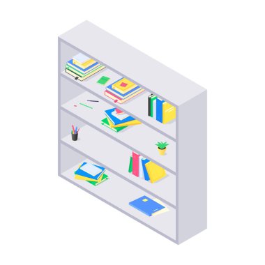 İzometrik vektörde gri ahşap kitaplık üzerindeki kitaplar ve başbakanlık.