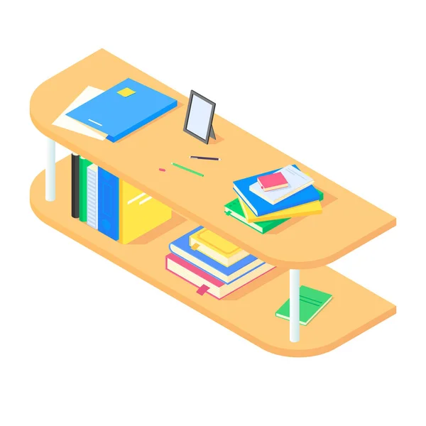Books and chancellery on brown wooden bookshelf in isometric vector. — Stock Vector