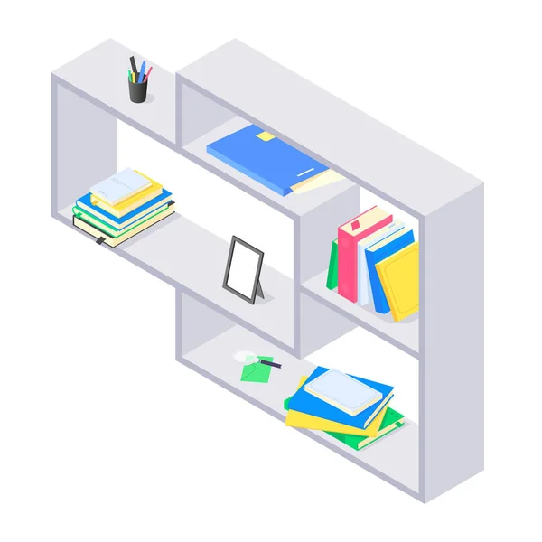 Books and chancellery on gray wooden bookshelf in isometric vector. — Stock Vector