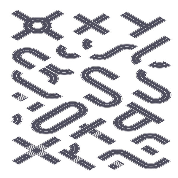 Road isometric kit. Collection of highway street elements to create traffic path or track. Asphalt parts of road and route with various curves and circles, crosses and junctions in vector illustration