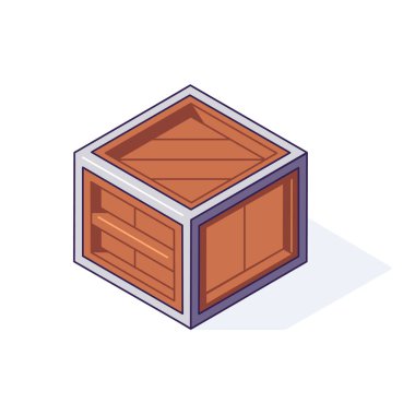 Kargo, nakliye ya da depo konsepti için ahşap izometrik kutu. Teslimat için tahtayı kapat. İzole edilmiş vektör illüstrasyonunda taşıyıcı aktar ve içeri aktar.