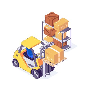 Rafta ahşap kutular ve karton forklift olan Itric bir depo. Sarı çatal kaldırma ve paketlerle depolama ve teslimat konsepti. Kargo ve nakliye vektörü kutulu depo makineleri.