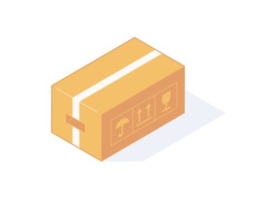 Teslimat veya depolama için izometrik karton kutuyu kapat. Kahverengi karton posta ve ambar paketinde etiketler ve izole vektör illüstrasyonunda yapıştırıcı bant var. Karton veya karton kutuda paket.