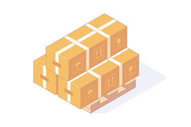 Teslimat ve depolama konsepti için ahşap paletin üzerine izometrik karton kutular yığılmış. Depo, kargo ve nakliye için etiketli kahverengi karton kutuyu kapat..