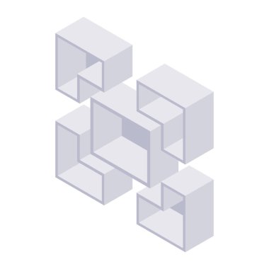 Kitaplık izometrik - ev ve mağaza iç tasarımı için kitap ve raf. Vektör illüstrasyonunda ev ve mağaza için boş gri ahşap mobilyalar.