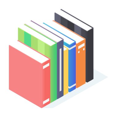 Kitaplar izometrik. Beyaz arka planda izole edilmiş ciltli kitap yığını. Okul eğitimi ve okuma konsepti için renkli kapaklı el kitapları.