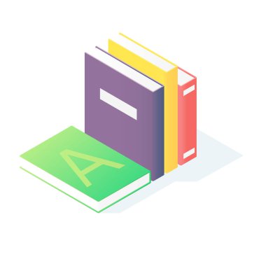 Kitaplar izometrik. Beyaz arka planda izole edilmiş ciltli kitap yığını. Okul eğitimi ve okuma konsepti için renkli kapaklı el kitapları.