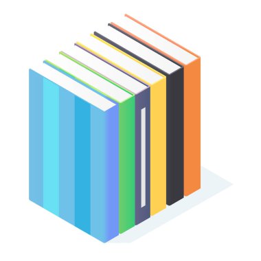 Kitaplar izometrik. Beyaz arka planda izole edilmiş ciltli kitap yığını. Okul eğitimi ve okuma konsepti için renkli kapaklı el kitapları.