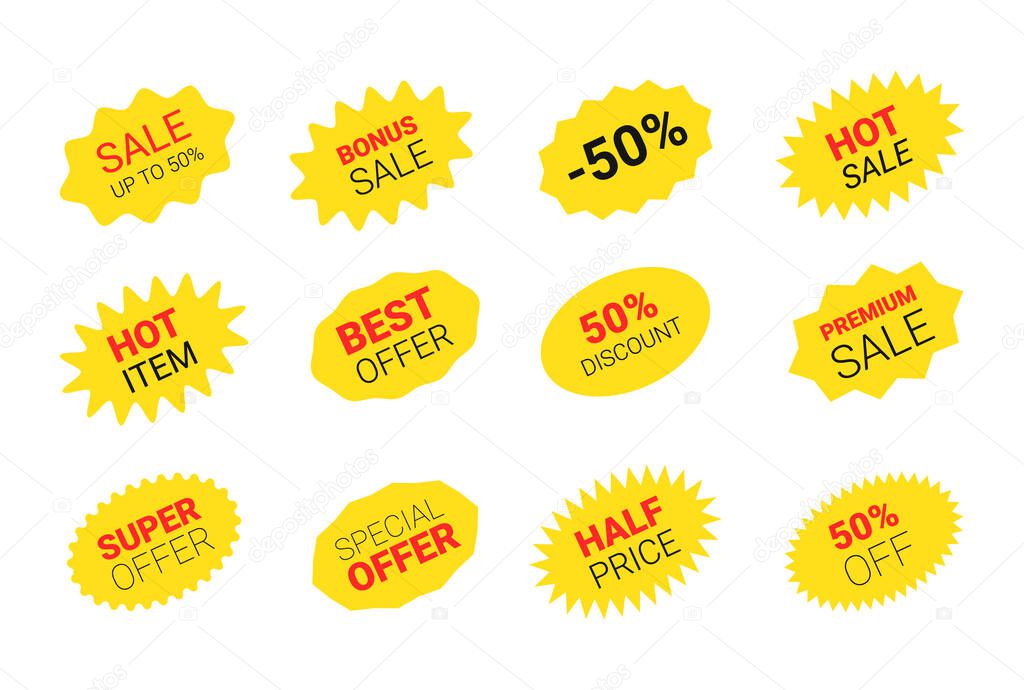 Starburst sticker set for promo sale. Vector badge shape with signs design - star and oval price offer promotion