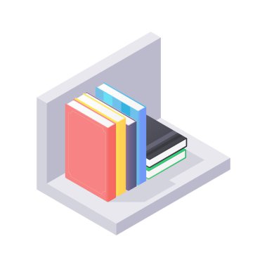 İzometrik vektörde gri ahşap kitaplık üzerindeki kitaplar ve başbakanlık.