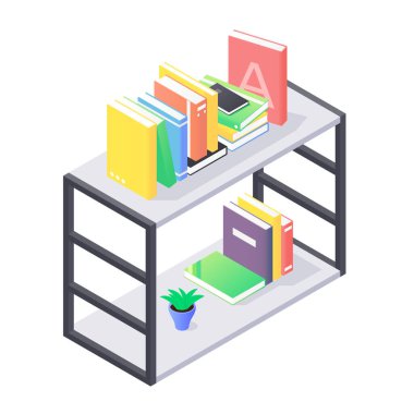 İzometrik vektörde gri ahşap kitaplık üzerindeki kitaplar ve başbakanlık.