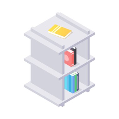 İzometrik vektörde gri ahşap kitaplık üzerindeki kitaplar ve başbakanlık.