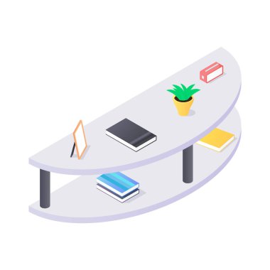 İzometrik vektörde gri ahşap kitaplık üzerindeki kitaplar ve başbakanlık.