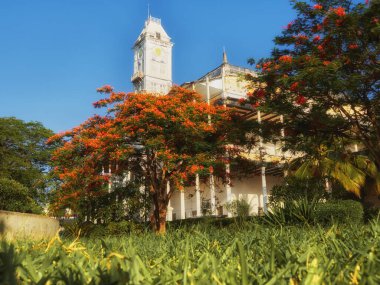 Stone Town, Zanzibar 'daki Mucizeler Evi' nin Saat Kulesi 'nin alçak açılı yan görüntüsü. Dikey çerçeve.