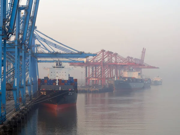 Índia, Mumbai Port Trust - 25 de janeiro de 2017: Vista para embarcações de contêineres atracadas com guindastes portuários durante o nevoeiro da manhã. Imagem De Stock