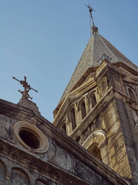 stock image Low angle view of the one front tower of the Roman St. Josephs Catholic Cathedral in Stone Town, Zanzibar. 