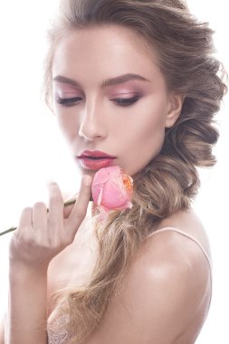 Beautiful girl in image of bride with flower. Beauty face