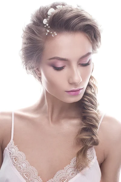 Beautiful girl in image of bride with wreath of flowers on her hair. Beauty face — Stock Photo, Image