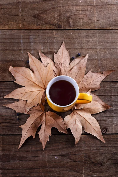 Xícara de chá e folhas sobre fundo de madeira rústica — Fotografia de Stock