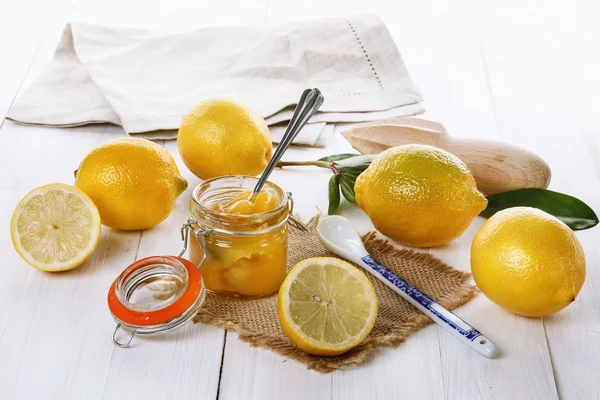 Lemon curd over white wood background — Stok Foto