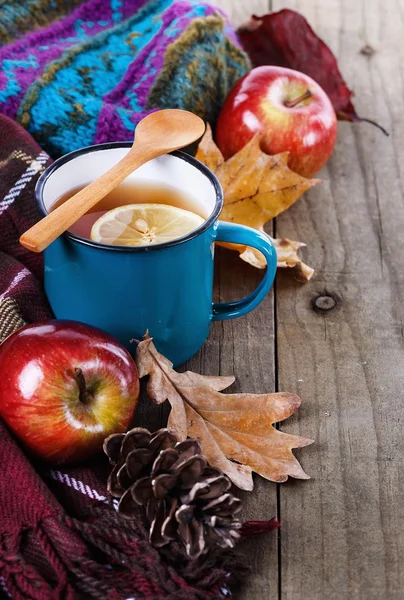 Őszi csésze tea felett rusztikus, fából készült háttér — Stock Fotó