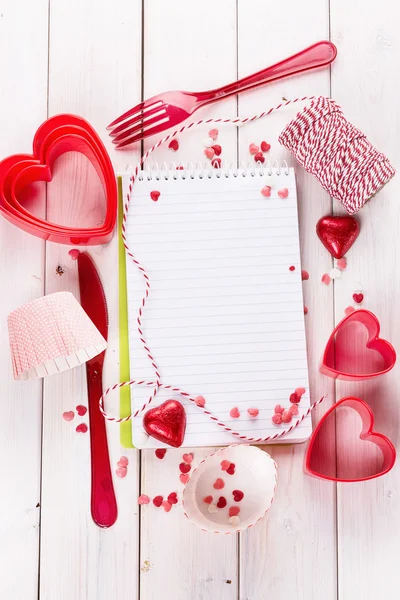 Valentine day baking concept with recipe book — Stock Photo, Image