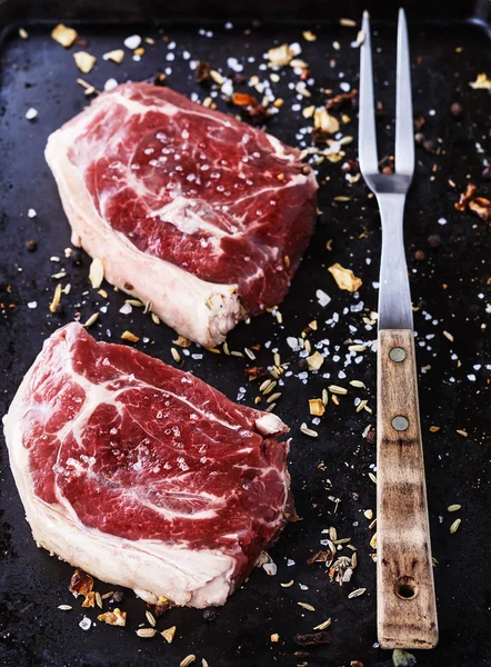 Carne roja y vintage sobre fondo de metal rústico — Foto de Stock