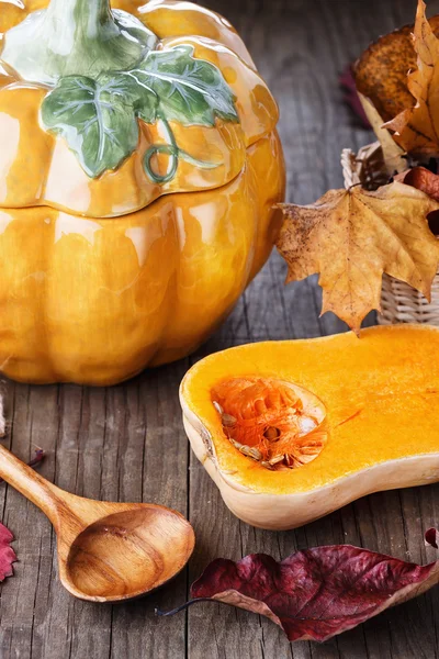 Autumn still life with pumpkin and pumpkin shaped pot — Stock Photo, Image