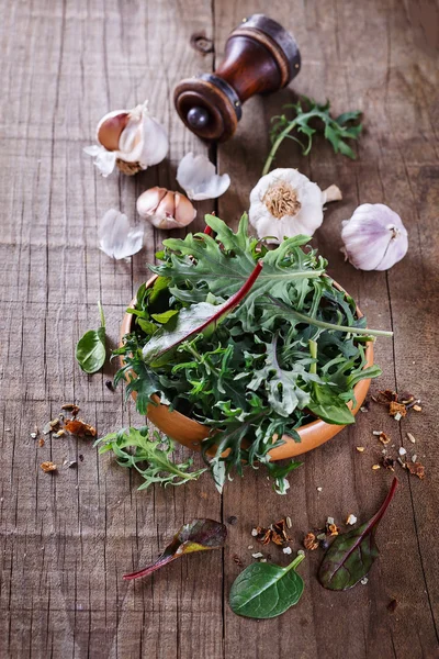 Mélange vert feuillu sur fond bois rustique — Photo