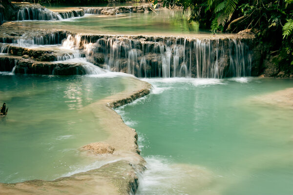 Waterfall in forest. Kuang Si Falls, Tat Kuang Si Waterfalls at Luang prabang, Laos