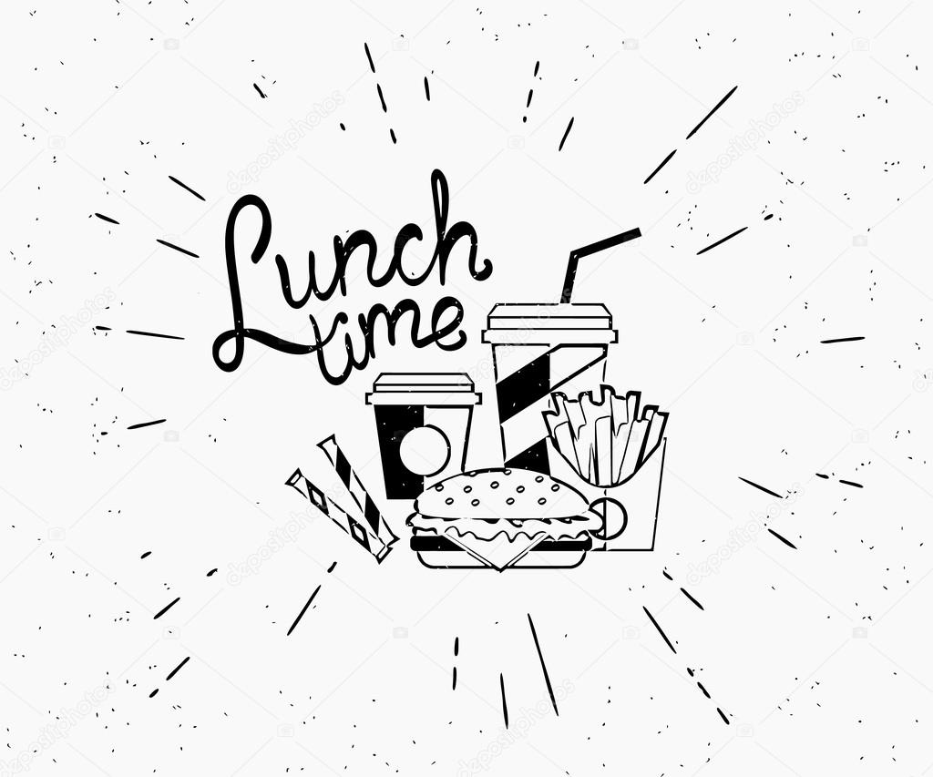 Lunch Time Vintage Label Of Burger With Coffee And French Fries In Hipster Style Sunburst Hand Drawn Retro Lettering On White Background For Lunch Time Vintage Label Of Burger With Coffee And French Fries In Hipster Style Sunburst Hand Drawn Retro Lettering On White Background For