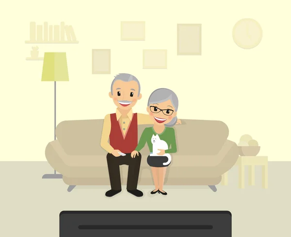 Happy grandparents sitting at home and watching a tv — Stock Vector