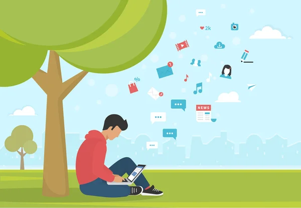 Young man sitting in the park under a tree and working with laptop — Stock Vector