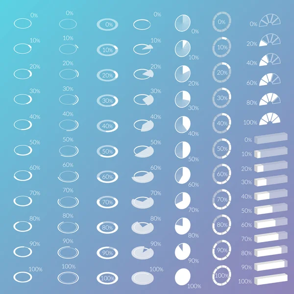 Conjunto de barras de progreso isométricas de contorno con porcentajes — Vector de stock