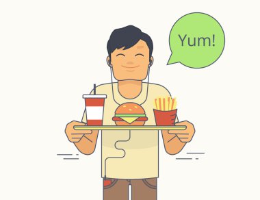 Mutlu adam bir tepsi ile büyük hamburger, patates kızartması ve milkshake tutar