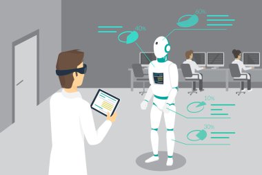 Artar ve sanal gerçeklik için başa takılan aygıtı kullanan bir robot programlama mühendis ayarlar