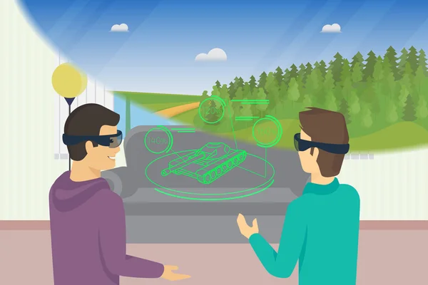Happy guys joue à un jeu vidéo en utilisant un appareil monté sur la tête pour la réalité augmentée et virtuelle — Image vectorielle