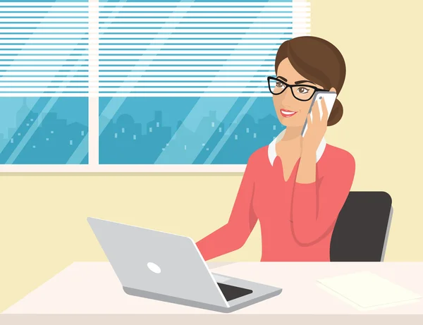 Affärskvinna klädd i rosa tröja sitter på kontoret och prata av mobiltelefon — Stock vektor