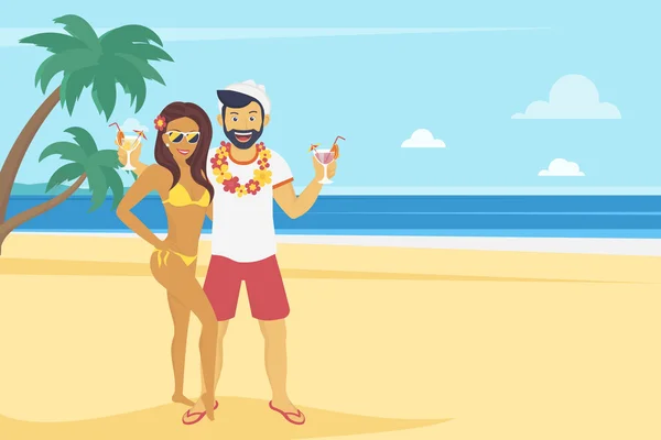 Heureux jeune homme profiter sur la plage et boire des cocktails — Image vectorielle