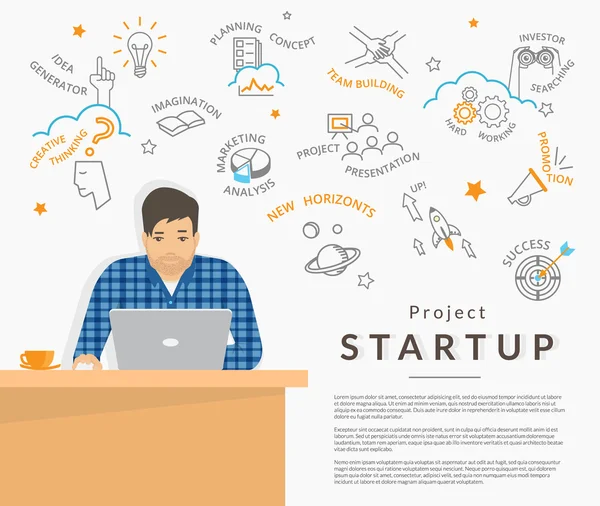 Man sitting at his work desk and planning a project startup — Stock Vector