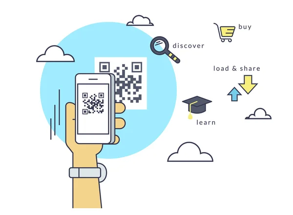 L'homme numérise le code QR via l'application smartphone — Image vectorielle