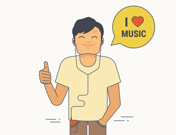 Młody facet pokazuje kciuki w górze on lubi słuchać muzyki. Płaskie ilustracja zadowolony faceta z jak gest — Wektor stockowy
