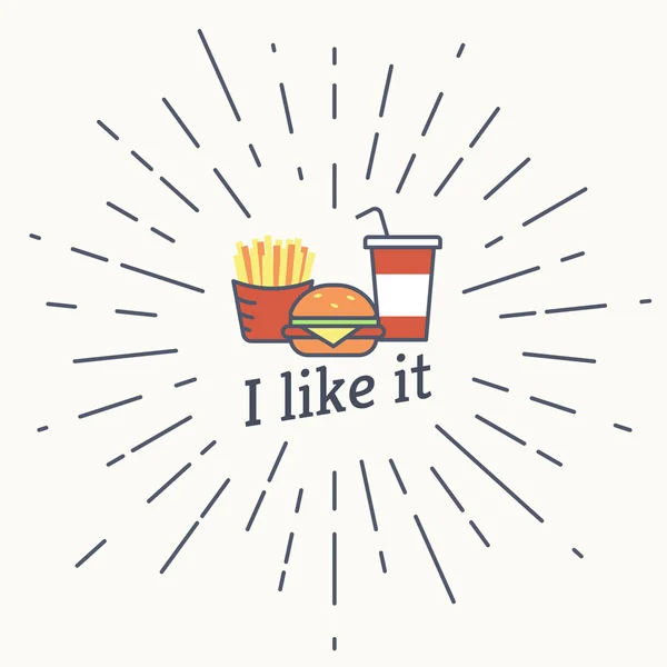 Grote hamburger met frietjes en milkshake vintage label in hipster stijl — Stockvector