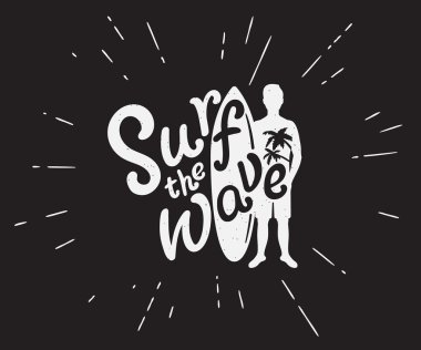 Sörfçü surfboard ile siyah beyaz Grunge çizimi