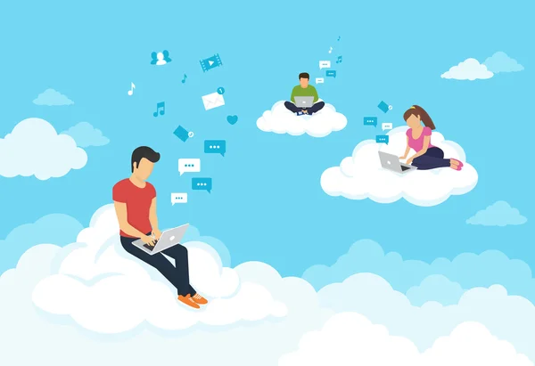 Persone sedute sulle nuvole in cielo e utilizzando computer portatili — Vettoriale Stock