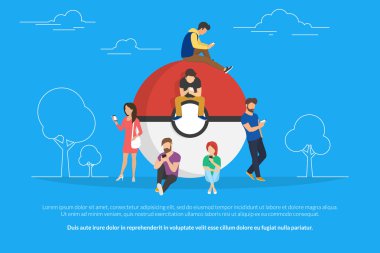 Onları yakalamak için akıllı telefonlar kullanan gençlerin Pokemon kavramı çizimi